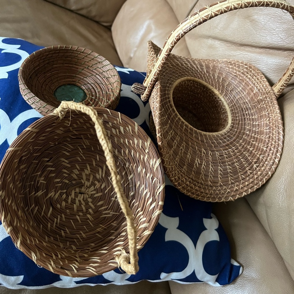 Beautiful Vintage Handmade Pine Needle Basket with Handle set of 3